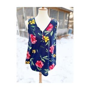 Magazine Black Floral Tank Top Blouse V-Neck 1/4 Zip Sz L